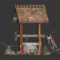 Mini Garden Ornament With Tile Roof House Well Red Motorcycle And Tools