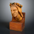 Wooden Carved Head Sculpture with Leaf Fruit Headdress on Wooden Base Decorative Home Accessory