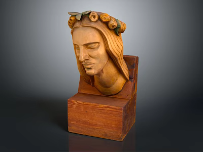 Wooden Carved Head Sculpture with Leaf Fruit Headdress on Wooden Base Decorative Home Accessory 3d model