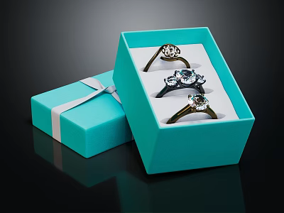 Three Elegant Rings In Open Blue Gift Box With White Ribbon And Side Box 3d model