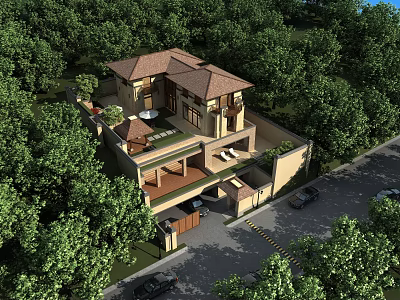 Two Story Detached Villa with Brown Roof Terrace and Driveway Surrounded by Lush Green Trees 3d model