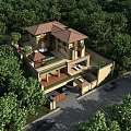 Two Story Detached Villa with Brown Roof Terrace and Driveway Surrounded by Lush Green Trees