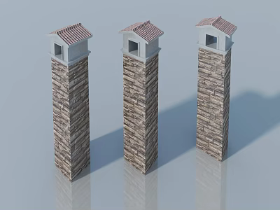 Swing Door Design For Three Stone Wall Towers With Red Roof And Small Window 3d model