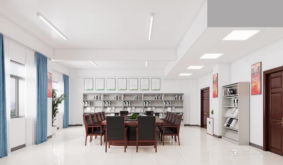 Bright Office Meeting Room With Wooden Table Chairs Bookshelves And Green Plant 3d model 