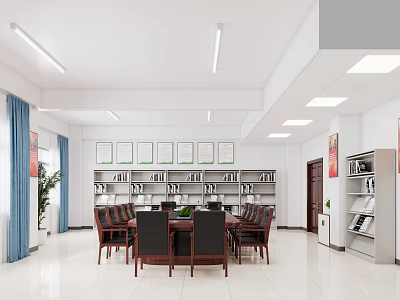 Bright Office Meeting Room With Wooden Table Chairs Bookshelves And Green Plant 3d model