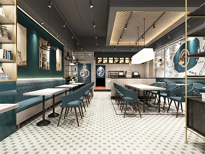 Modern Restaurant Interior Design With Teal Walls Blue Chairs White Tables And Hanging Lights 3d model