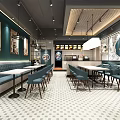 Modern Restaurant Interior Design With Teal Walls Blue Chairs White Tables And Hanging Lights