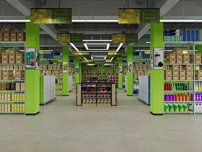 Spacious Supermarket Interior With Green Pillars And Shelves Filled With Various Products 3d model