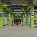 Spacious Supermarket Interior With Green Pillars And Shelves Filled With Various Products