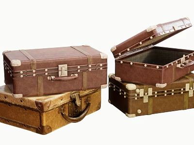 Vintage Leather Suitcases Stacked Open And Closed With Brass Hardware 3d model