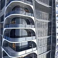Modern Tall Hotel Building With Curved Balconies And Glass Facade In Urban Setting