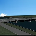 Scenic Bridge With Lampposts Over Calm Water Green Grass Path And Blue Sky