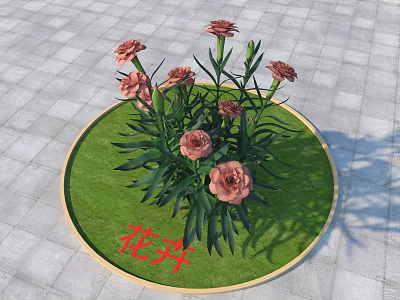 Fresh Beautiful Pink Flowers on Green Circular Lawn with Stone Pavement 3d model