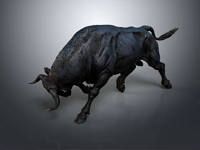 Detailed Black Bull Sculpture in Charging Pose on Gray Gradient Background 3d model