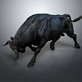 Detailed Black Bull Sculpture in Charging Pose on Gray Gradient Background