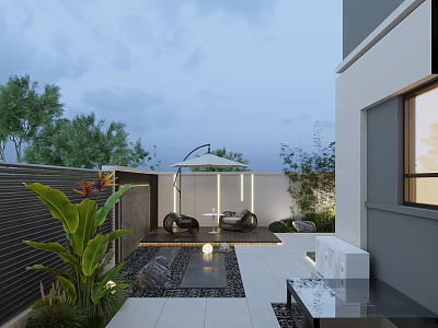 Villa Balcony Outdoor Relaxation Space With Loungers Greenery Tiled Floor And Ambient Lighting 3d model