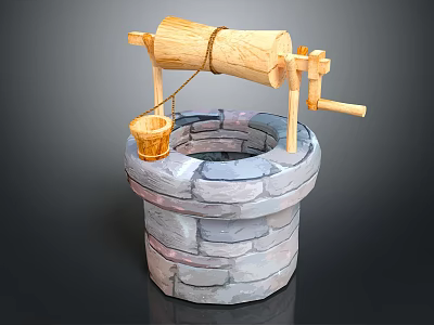 Traditional Stone Well Structure With Wooden Pulley Bucket And Handle 3d model
