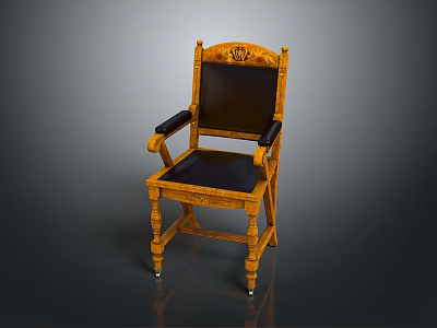 Traditional Carved Wooden Armchair With Black Leather Seat And Armrests And Crown Decoration 3d model