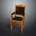 Traditional Carved Wooden Armchair With Black Leather Seat And Armrests And Crown Decoration