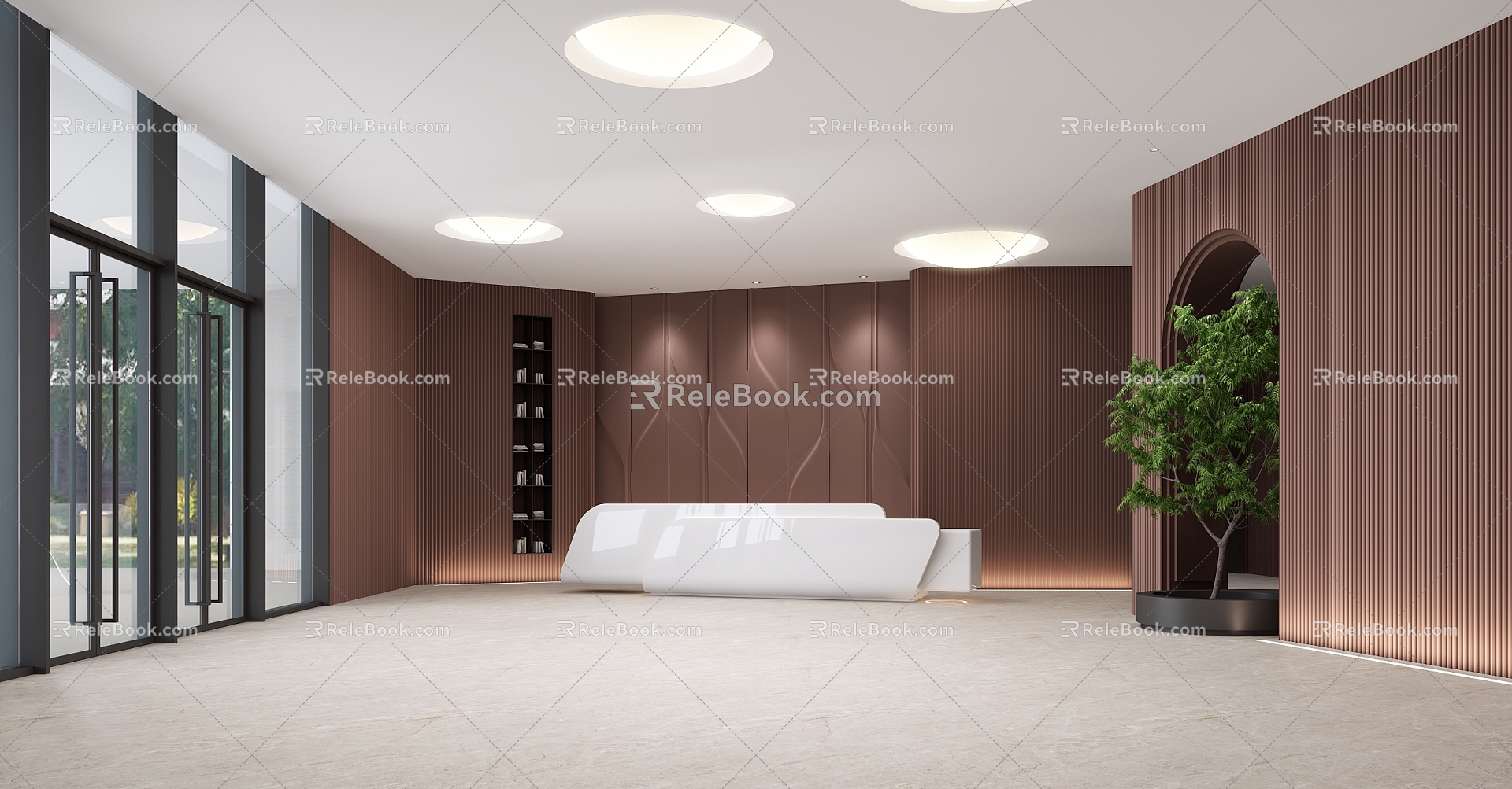 Modern Hotel Lobby Front Desk Modern Reception Area Lobby Background Wall Curved Surface Wave Board Art Wall Bookcase Books Casual Tables and Chairs Sofa Decorations Plants Trees Potted Plants 3d model