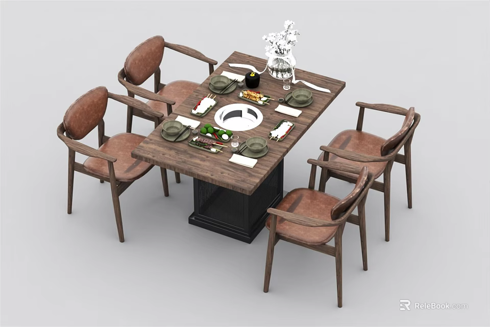 Rustic Wooden Dining Table Set With Brown Leather Chairs And Tableware Flower Vase 3d model 