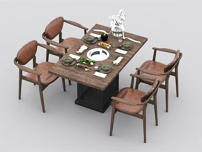 Rustic Wooden Dining Table Set With Brown Leather Chairs And Tableware Flower Vase 3d model