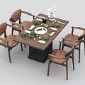 Rustic Wooden Dining Table Set With Brown Leather Chairs And Tableware Flower Vase 3d model