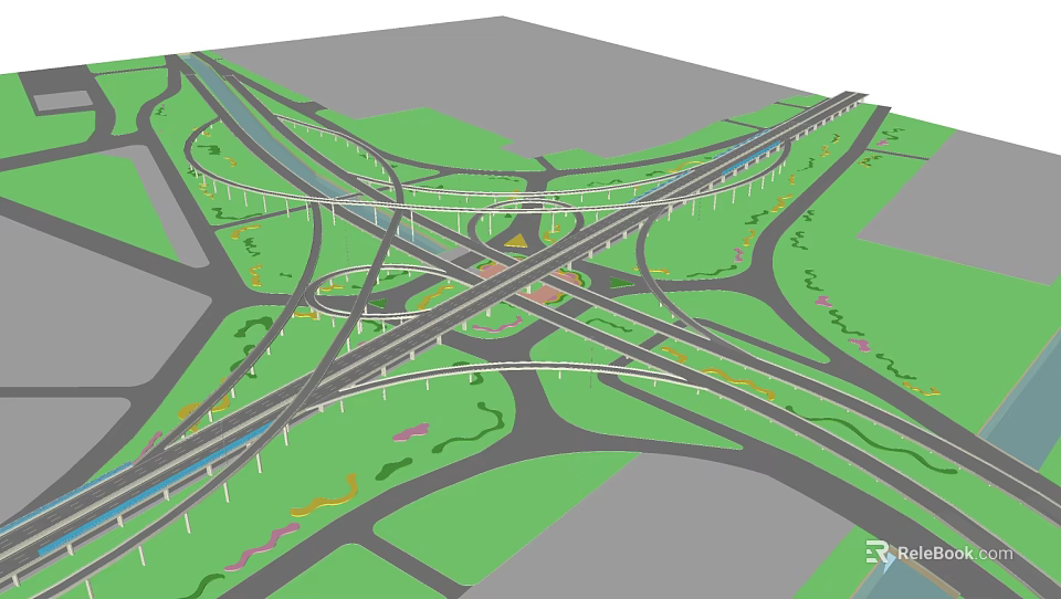 Municipal Road Interchange Design Featuring Multiple Lanes And Greenery 3d model