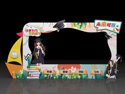Graduation Themed Photo Check In Spot With Cartoon Characters Cap and Gown Decorations 3d model