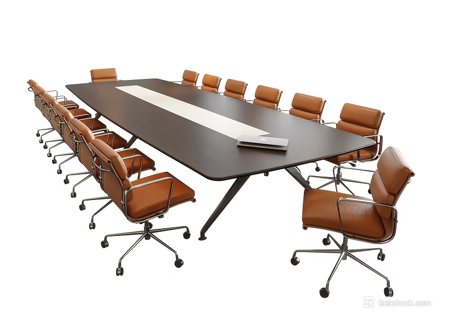 Large Modern Conference Table With Full Set Of Brown Leather Rolling Office Chairs 3d model 