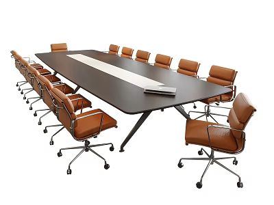 Large Modern Conference Table With Full Set Of Brown Leather Rolling Office Chairs 3d model