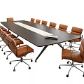 Large Modern Conference Table With Full Set Of Brown Leather Rolling Office Chairs