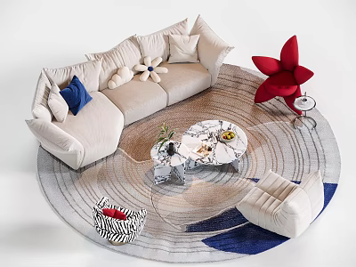 Beige L Shaped Sofa Coffee Table Set With Marble Top Round Rug And Red Star Decor 3d model