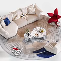 Beige L Shaped Sofa Coffee Table Set With Marble Top Round Rug And Red Star Decor