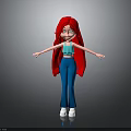 3D Cartoon Character With Red Hair Blue Top Blue Flared Pants And White Shoes