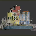 Colorful Multi Story Buildings By Water With Balconies Awnings And Small Boat