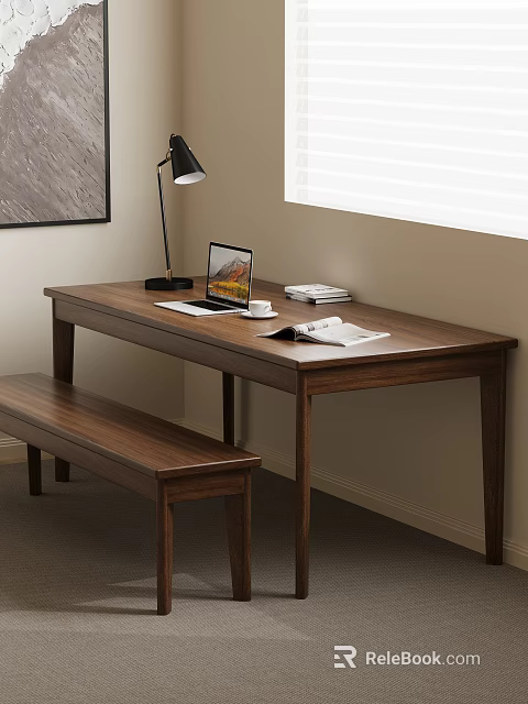 Wooden Desk With Laptop Lamp Cup Open Magazines Near Bench By Window Blinds 3d model 