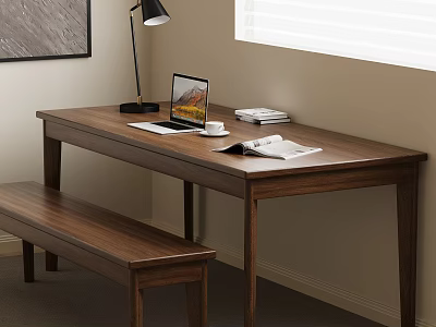Wooden Desk With Laptop Lamp Cup Open Magazines Near Bench By Window Blinds 3d model