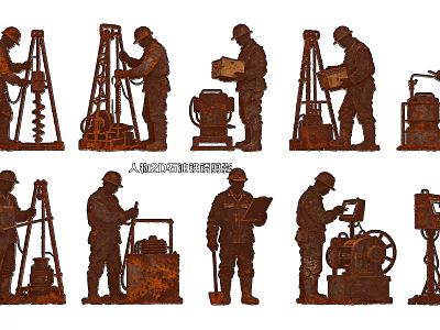 Group of Construction Workers Operating Equipment and Tools at Work Site 3d model