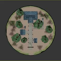 Cartoon Scene of Traditional Japanese Red Torii Gate Green Trees Sand Ground and People