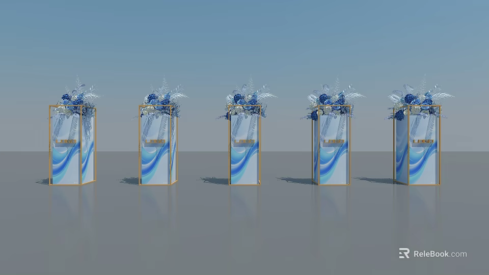 Decorative Pedestals With Blue White Wave Patterns And Flower Arrangements 3d model