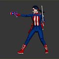 Game Movie Character In Blue Red American Flag Uniform Holding Gun And Sword Combat Pose