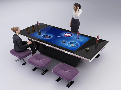 Specialty Store Interactive Table with Blue Screen Bottles Purple Stools and People 3d model