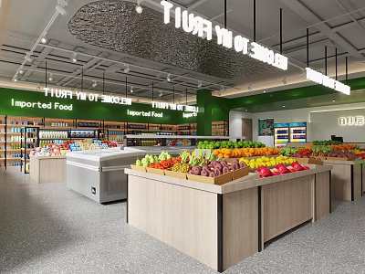 Spacious Modern Supermarket With Neatly Arranged Fresh Fruits Vegetables And High Quality Imported Grocery Products 3d model