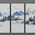 Chinese Ink Wash Landscape Painting with Misty Mountains Flying Birds and Clouds
