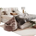Modern Double Bed with Light Headboard Pillows Bedside Tables and Bean Bag Chair