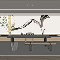 Traditional Japanese Tea Room Interior With Wooden Table Ink Painting And Benches
