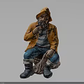 Fisherman Statue Wearing Orange Jacket Striped Shirt Holding Pipe With Fish In Net Bag