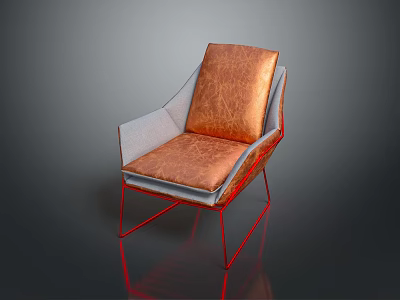 Modern Dining Chair With Brown Leather Seat And Red Metal Frame 3d model