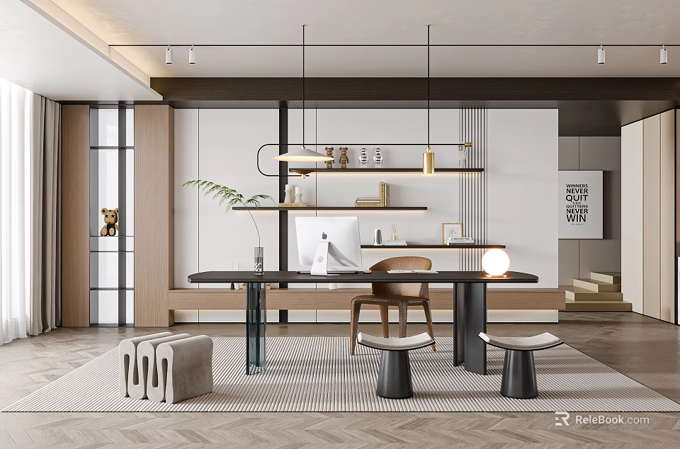 Modern Study Room Interior With Desk Chair Stools And Shelves 3d model